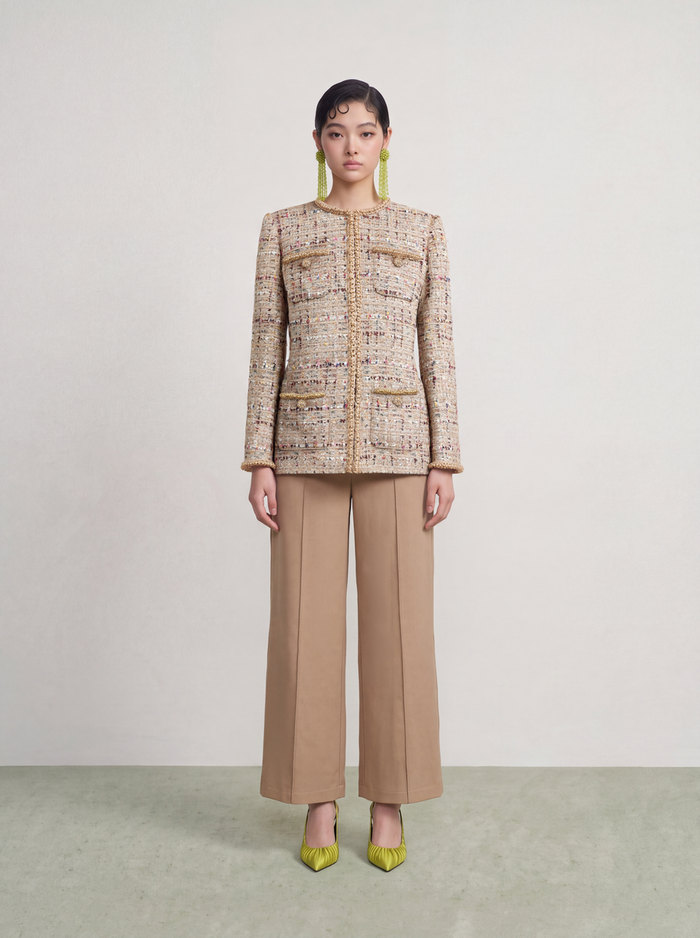 Beige Crêpe Plissé Trousers