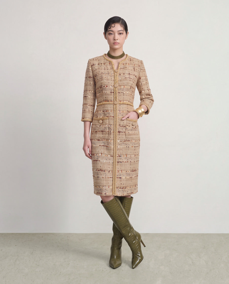Beige Tweed Carreau Doré Dress