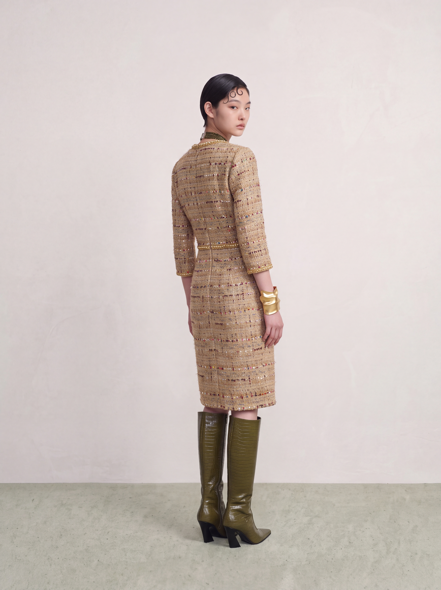 Beige Tweed Carreau Doré Dress