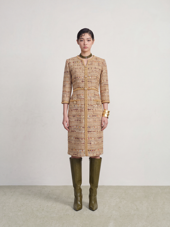 Beige Tweed Carreau Doré Dress