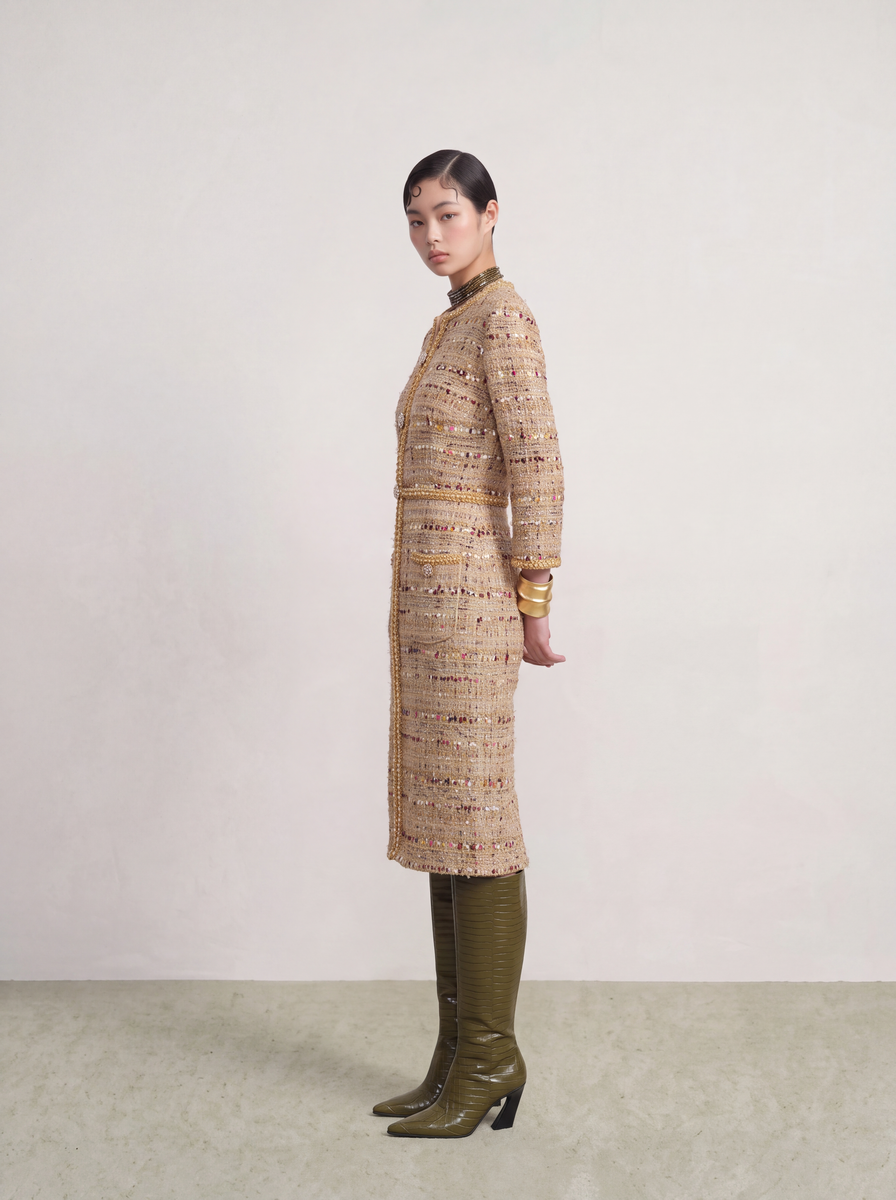 Beige Tweed Carreau Doré Dress