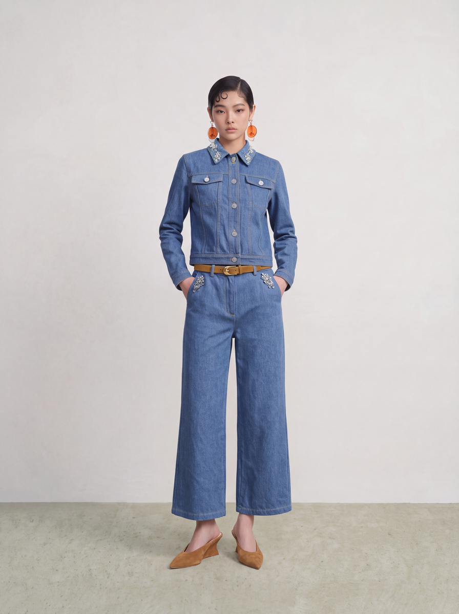 Bleu Denim Fleur Cristal Culottes