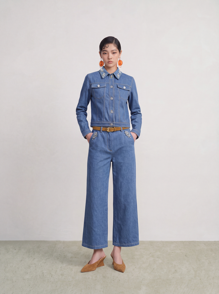 Bleu Denim Fleur Cristal Culottes