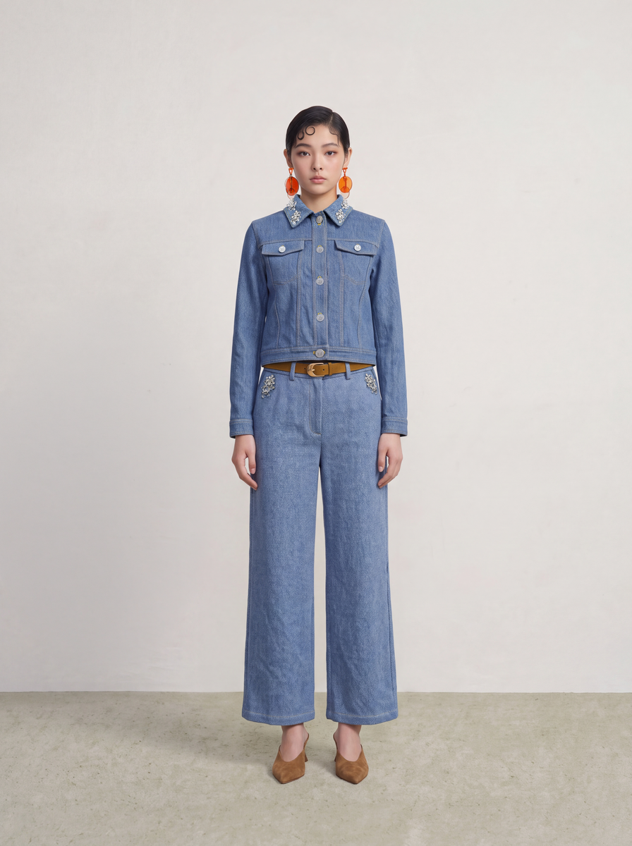 Bleu Denim Fleur Cristal Culottes