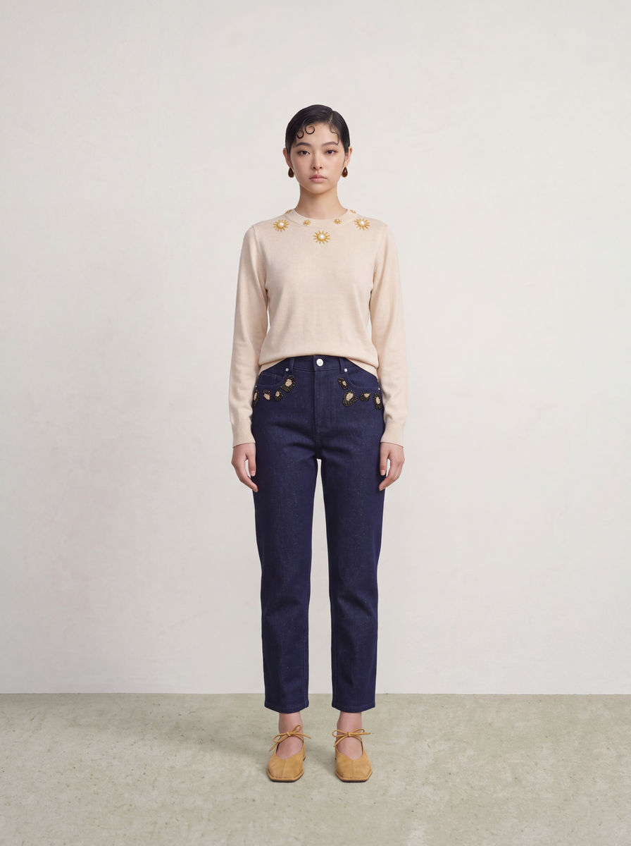 Bleu Denim Sequins Doré Jeans