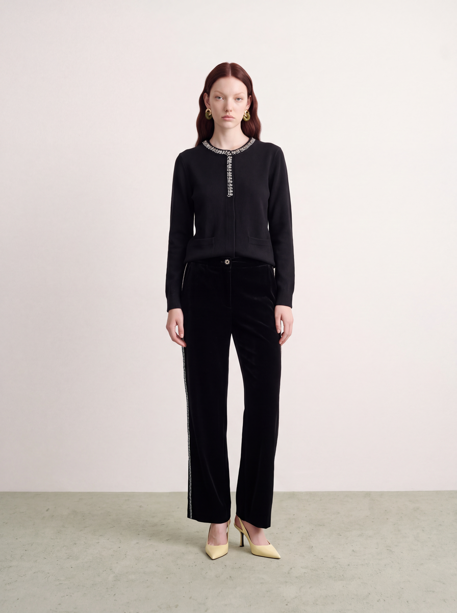 Noir Éclat Crystal-Trim Velvet Trousers