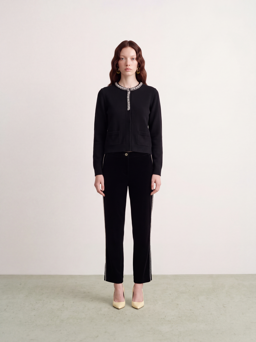 Noir Éclat Crystal-Trim Velvet Trousers