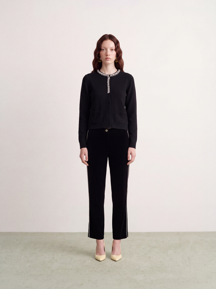 Noir Éclat Crystal-Trim Velvet Trousers