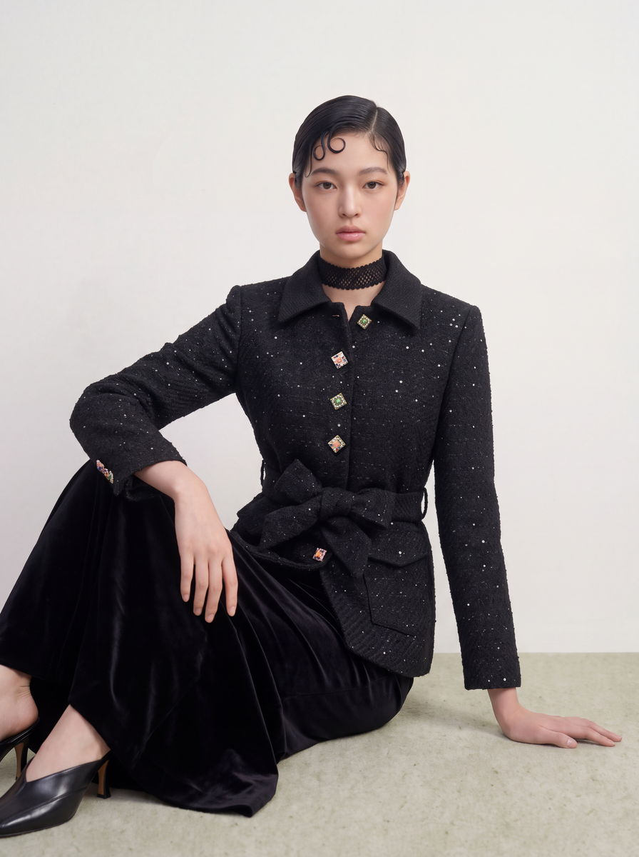 Noir Tweed Boutons Couleur Belted Jacket