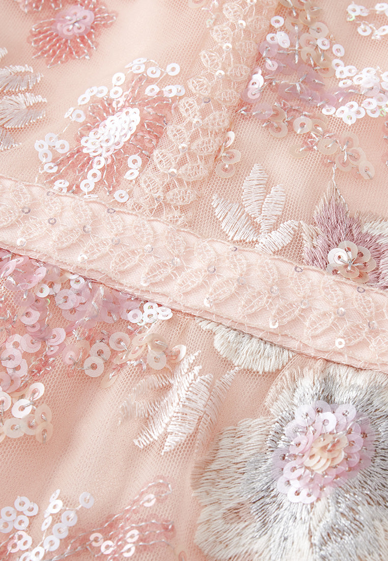 Paneled Feather-trim Embroidery Sequin-detail Dress