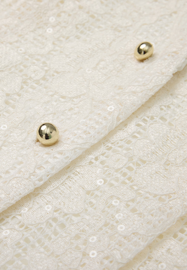 Pleated-detail Mesh-lace Sequin-detail Cropped Jacket