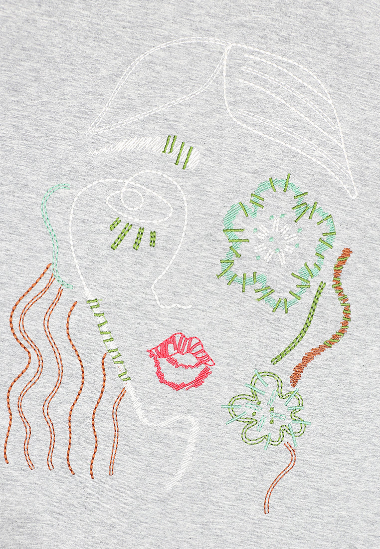 Gris Mélange Visage Brodé Sweatshirt