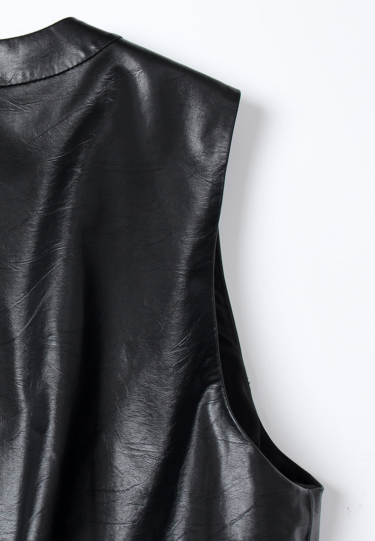 Elastic-waist Flap-pocket Faux Leather Blouse