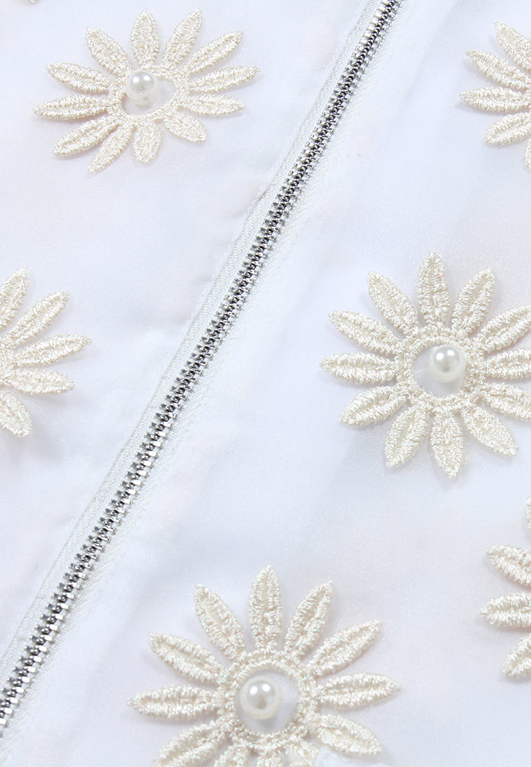 Ivory Daisy Sheer Pearl Bomber Jacket