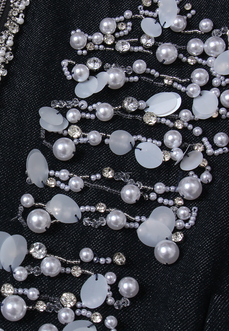 Contrasting-embellishment Denim Bomber Jacket