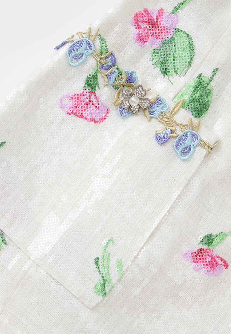 Appliqué-detail Embroidered Sequined Cheongsam