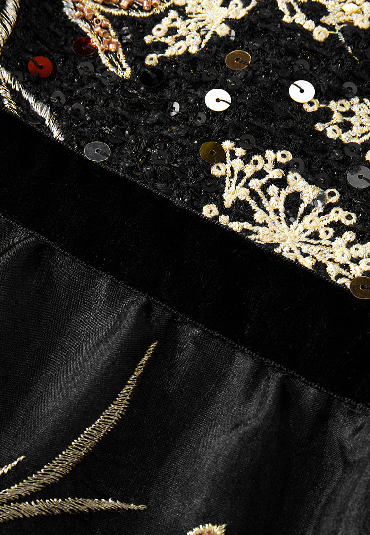 Oriental Paneled Sequin/Embroidery-detail Mesh Dress