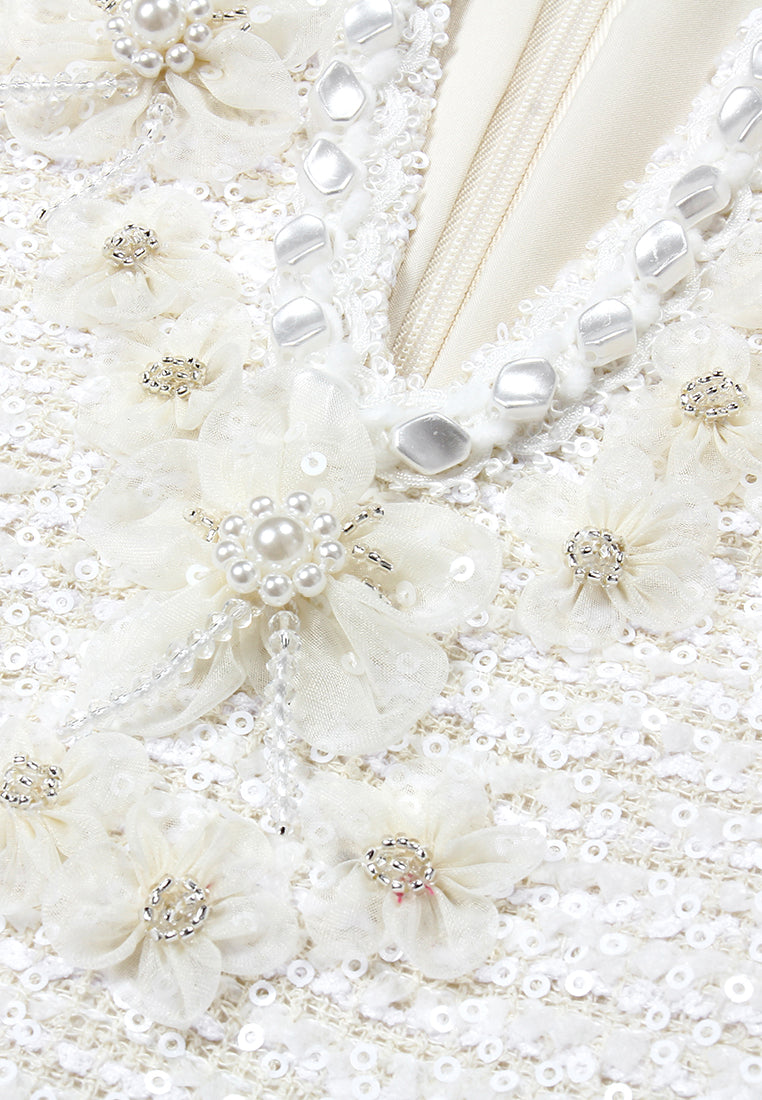 Ivory Elegance Embellished Tweed Dress