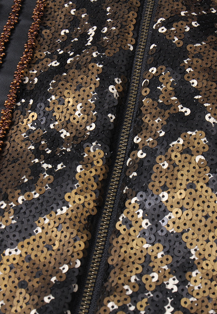 Sequin Panel Leather Zip Jacket
