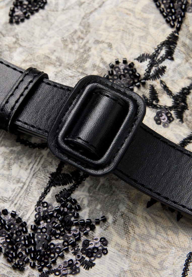 Belted Jacquard Contrasting-lapel Embellished Dress