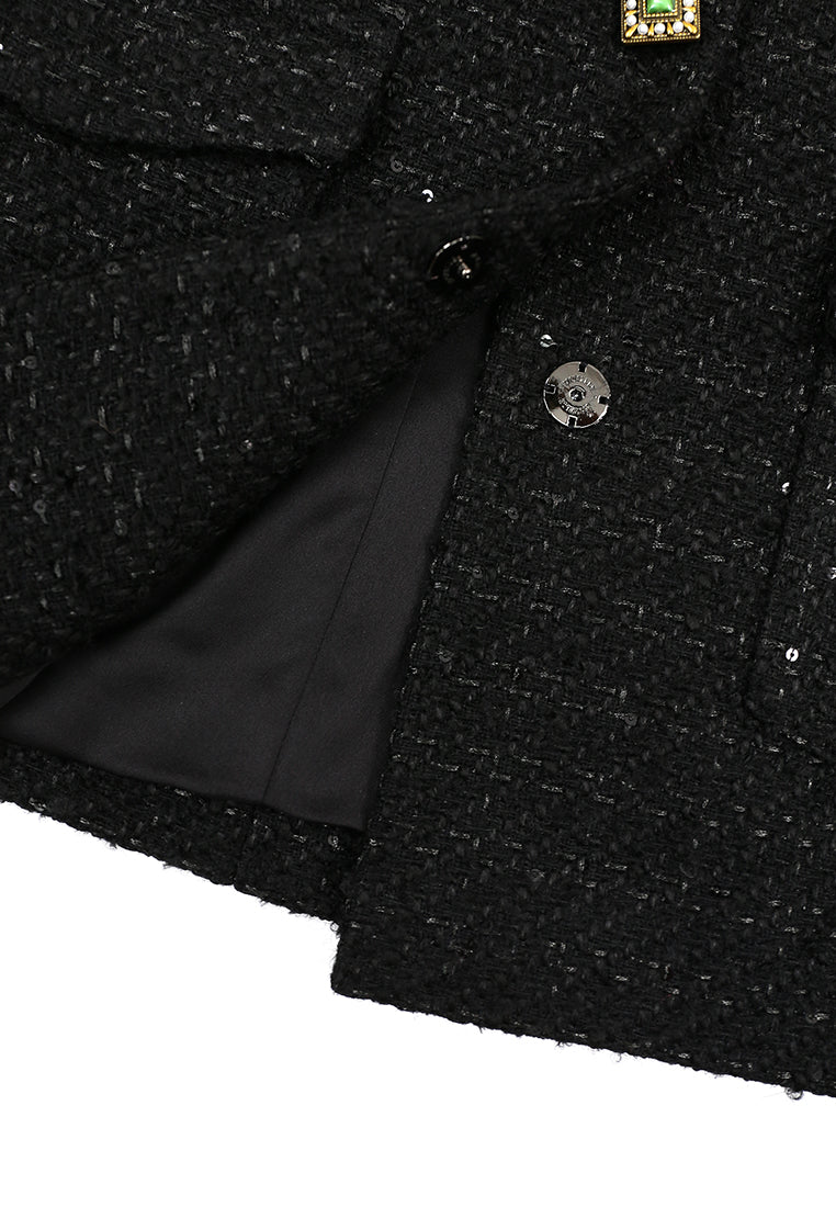 Noir Tweed Boutons Couleur Belted Jacket