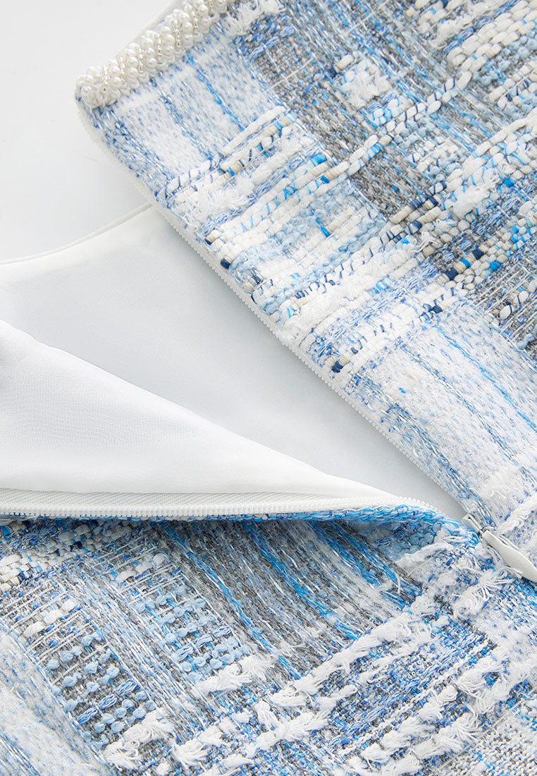 Beaded-Trim Stripped Mix Tweed Dress