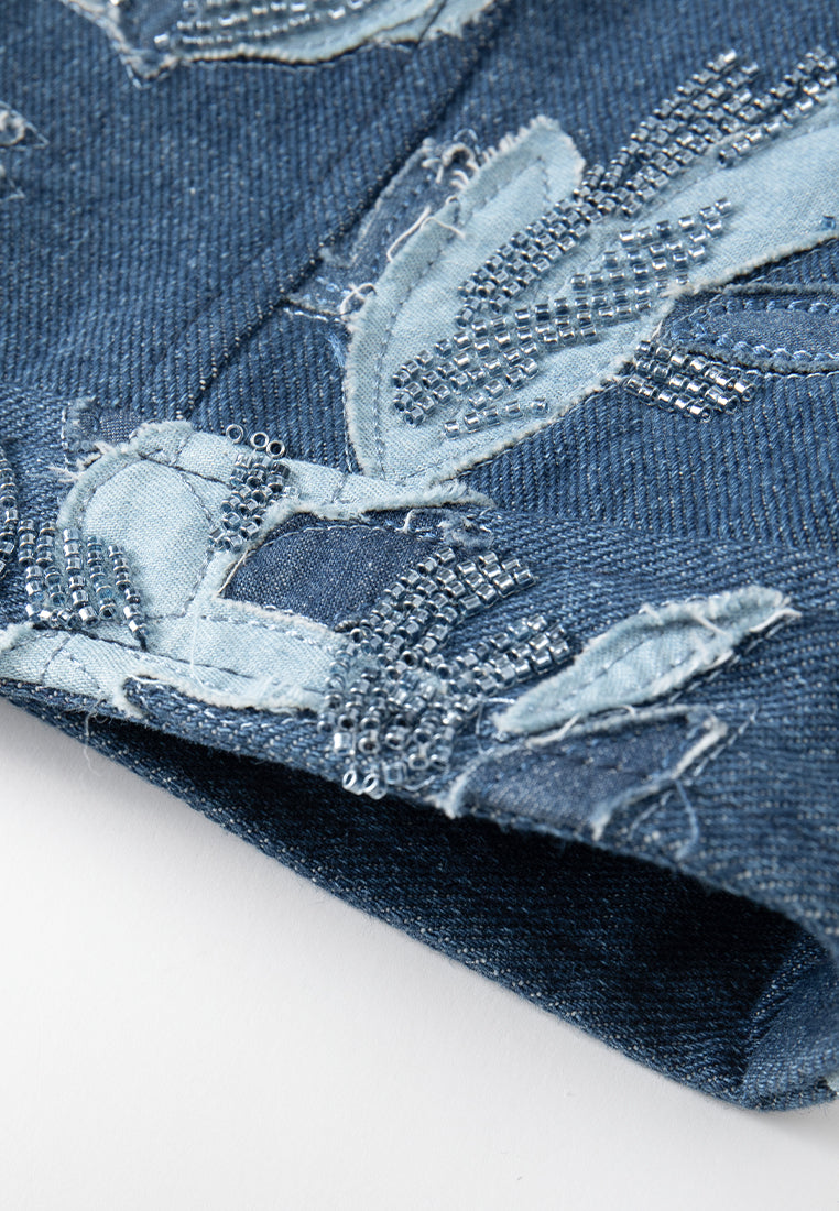 Patchwork-detail Embellished Cropped Denim Jacket