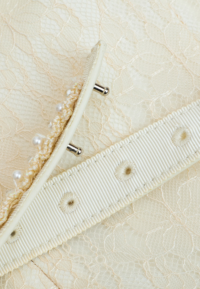 Belted Pleated-detail Lace Dress