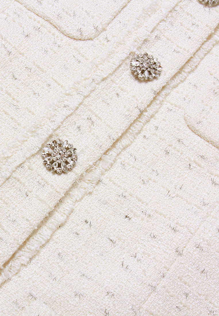 Flower-Motif Crystal-Embellished Tweed Coat