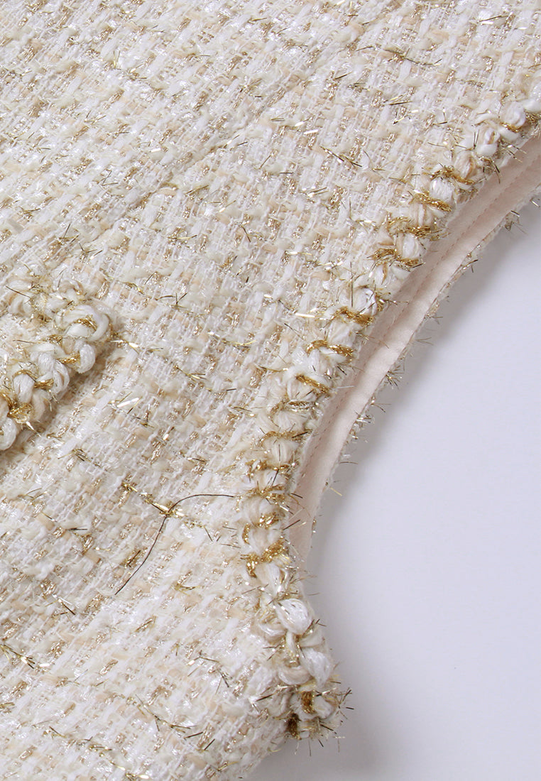 Braided-Trim Sleeveless Tweed Coat