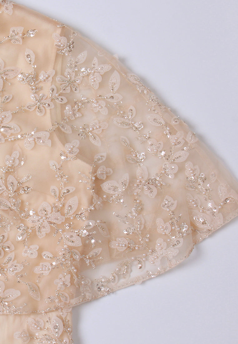 Cape-Detail Appliqué Mesh Dress