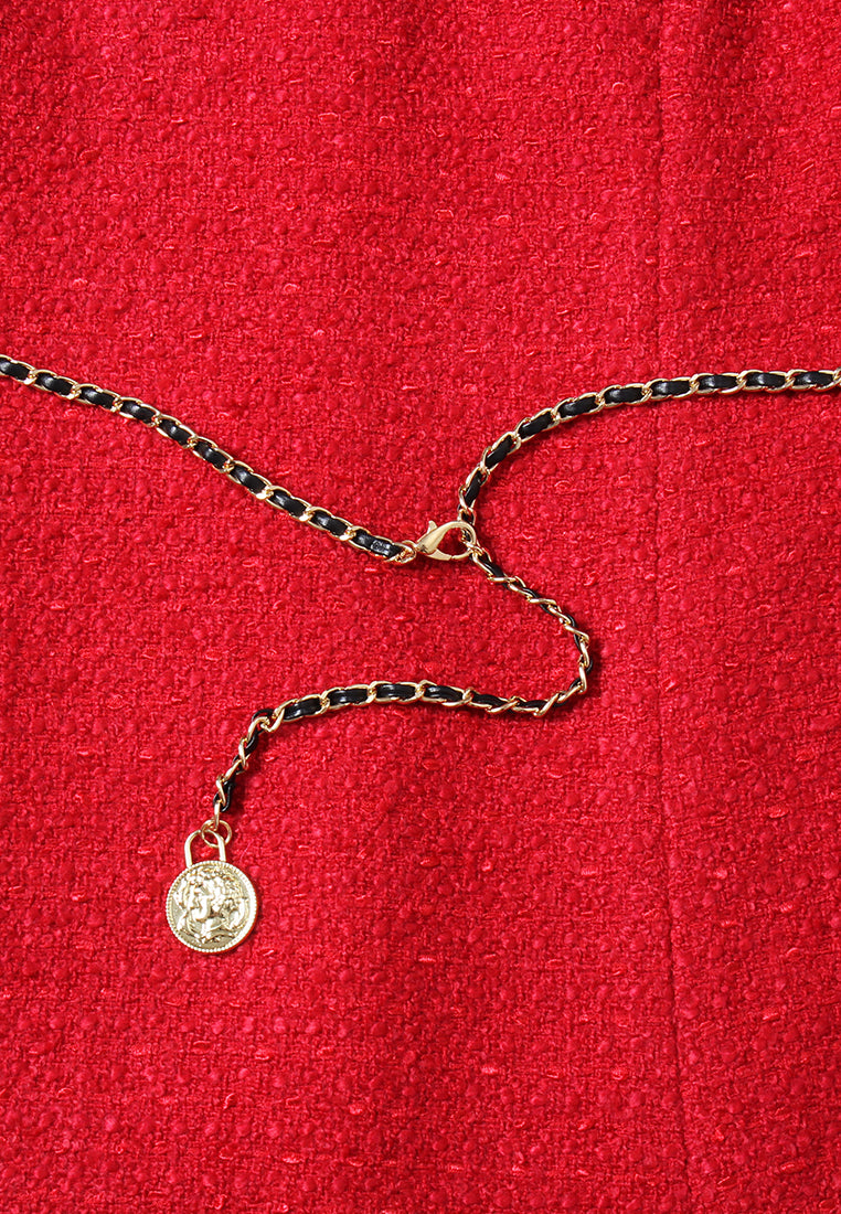 Crimson Medallion Pleated Tweed Dress