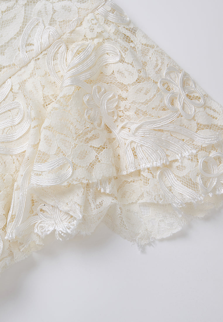 Tie-neck Embellished Cap-sleeve Lace Top