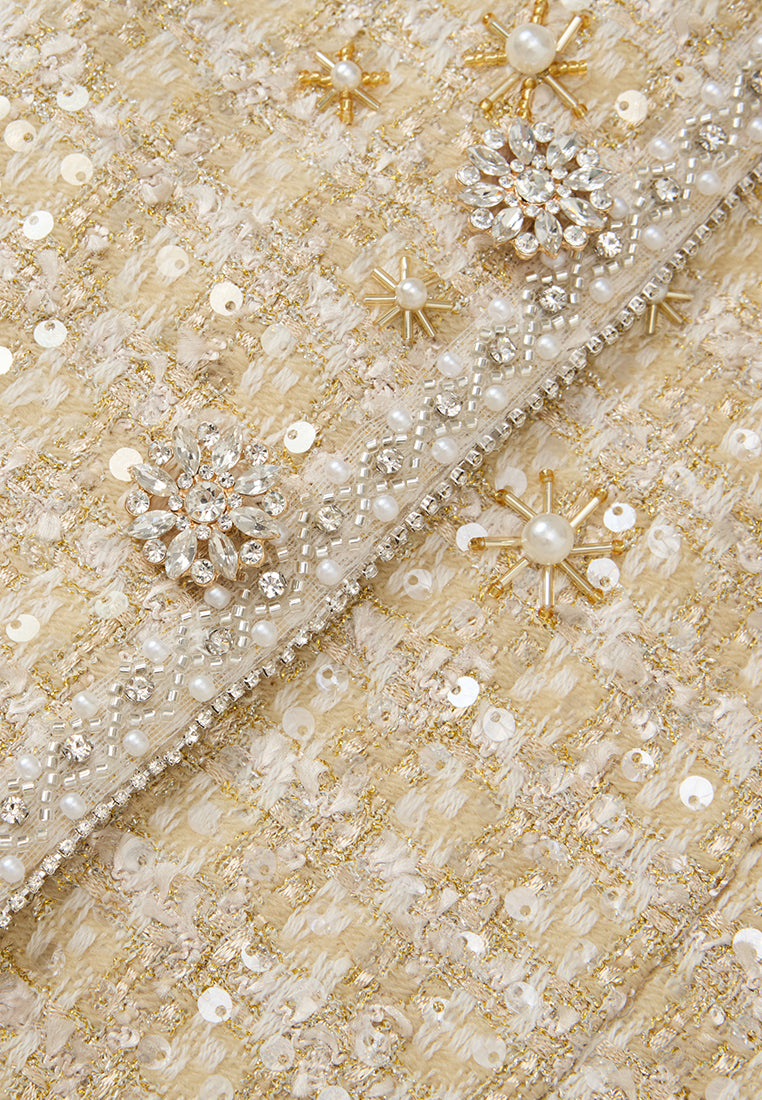 Lurex Checked Tweed Embellished Long Jacket