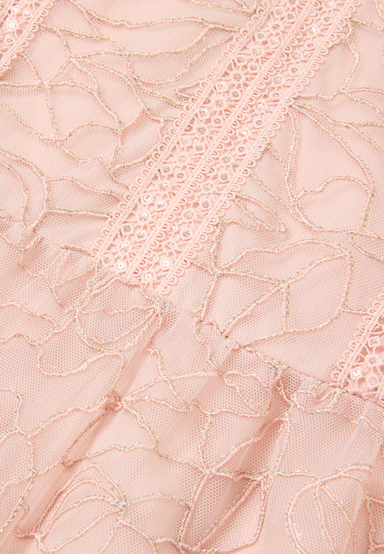 V-neck Panelled Plant-embroidery Mesh Dress