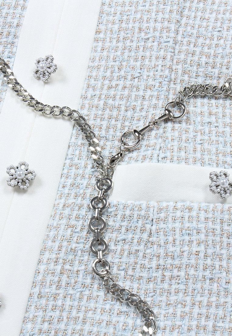 Azure Bloom Chain-Belt Tweed Dress