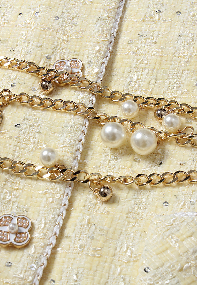 Golden Tweed Coat with Pearl Chain Belt