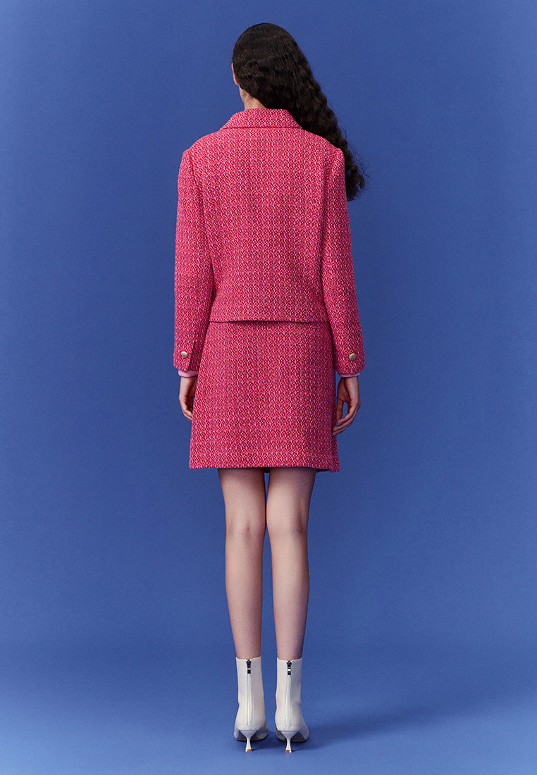 Fuchsia Pink Patch-Pocket Tweed Skirt