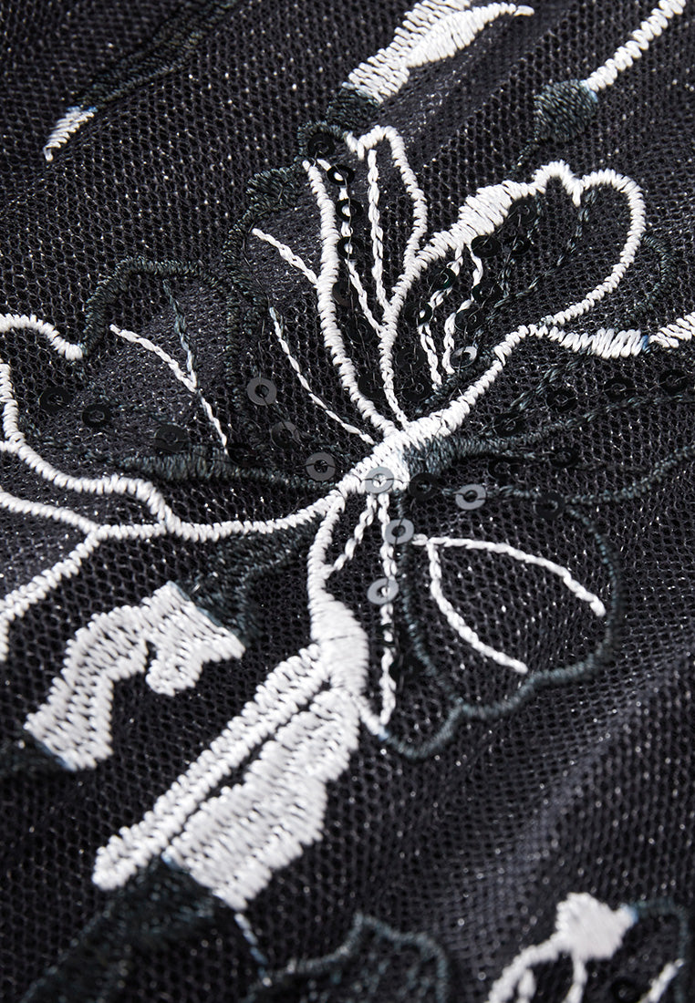 Black Floral Mesh Sleeveless Dress with Belt