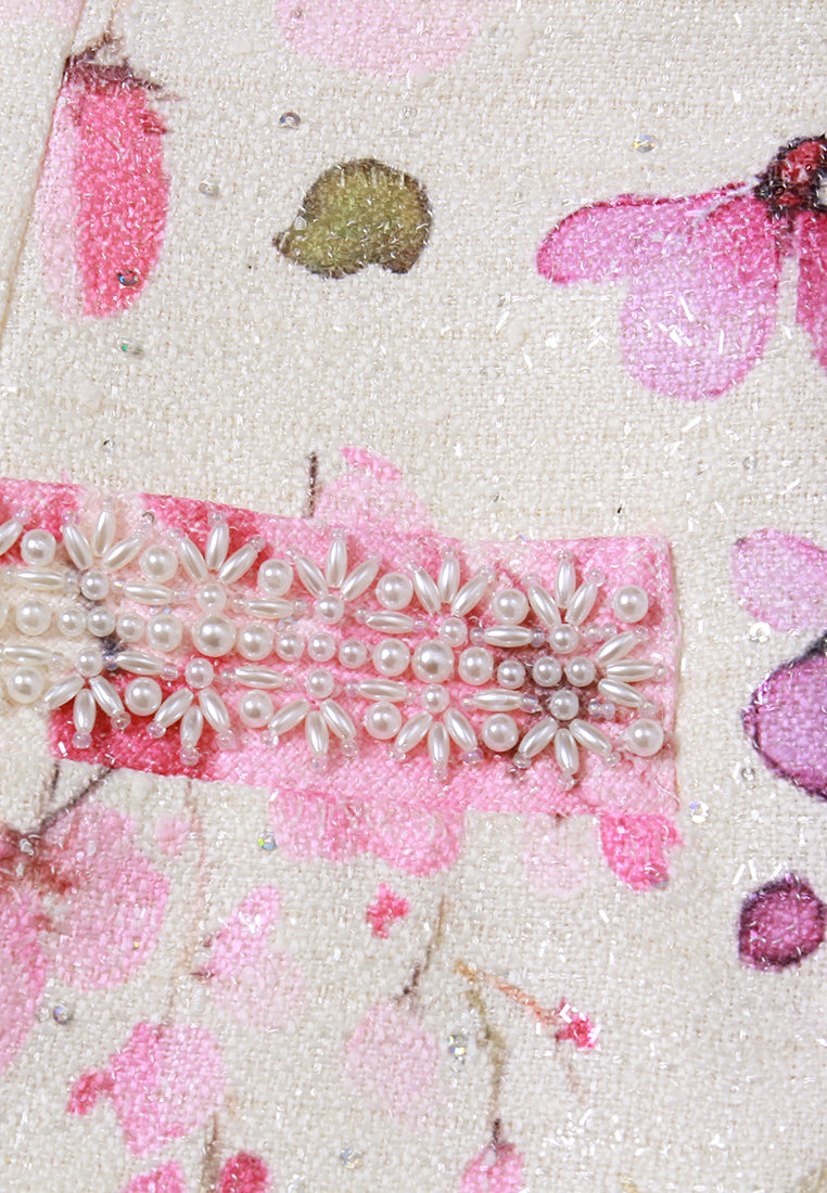 Flower-Motif Embellished Tweed Dress