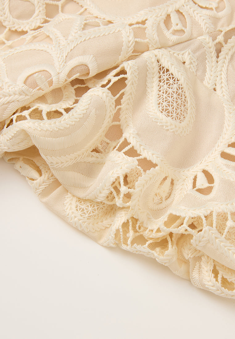 Bead-trim V-neck Hollow-carved Lace Dress