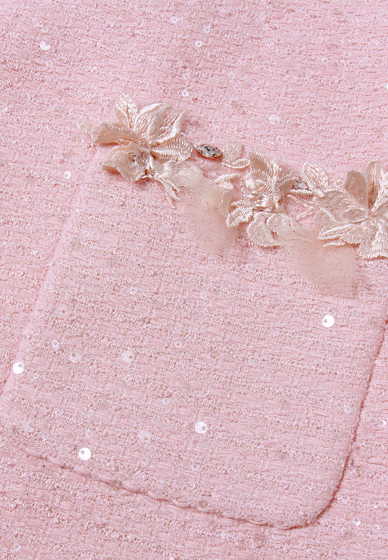 Appliqué V-neck Sequin Tweed Dress