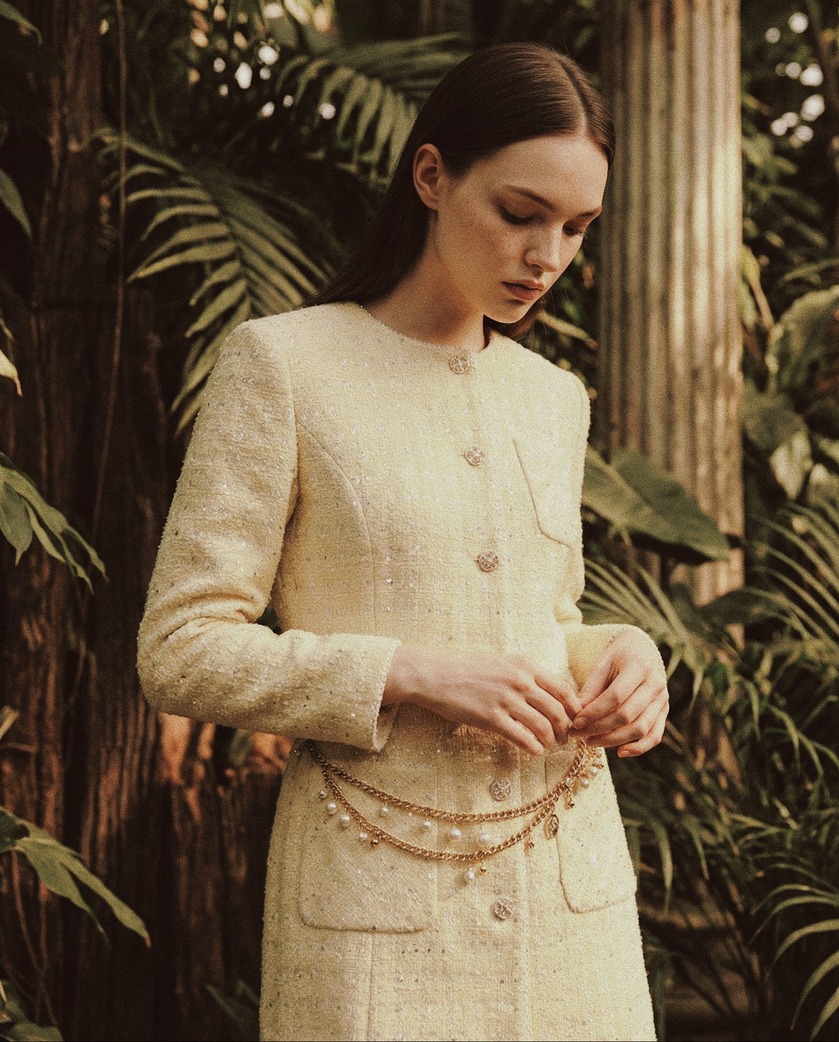Golden Tweed Coat with Pearl Chain Belt