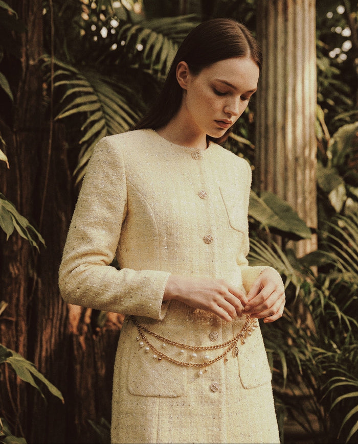 Golden Tweed Coat with Pearl Chain Belt