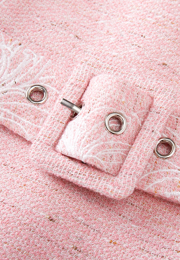 Pink Collar Belted Tweed Sleeveless Dress