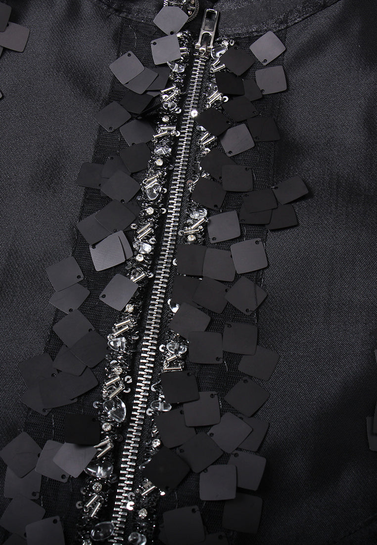 Sequin Panel Zip-Up Jacket