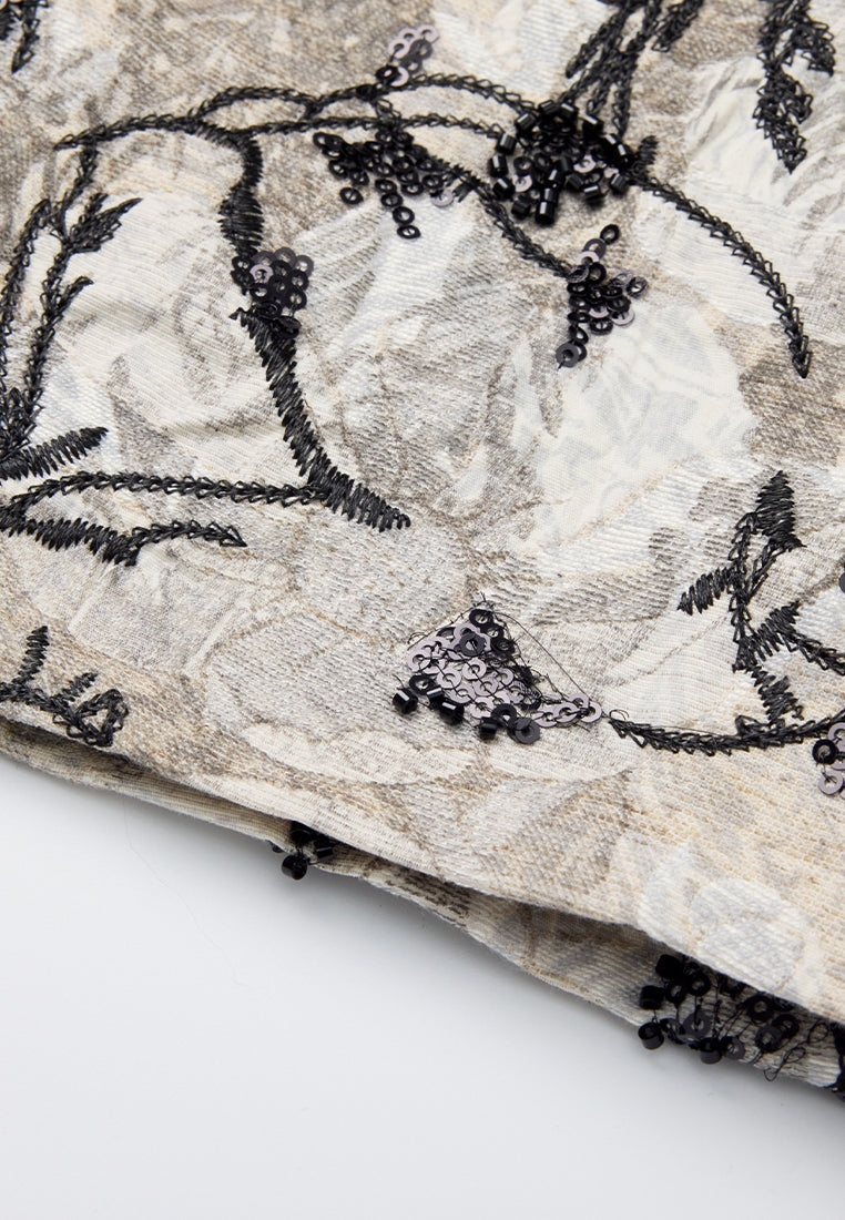 Belted Jacquard Contrasting-lapel Embellished Dress