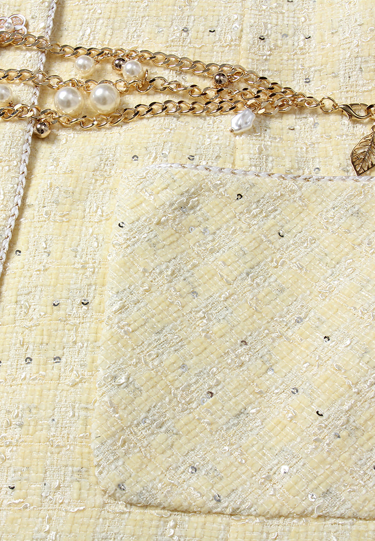 Golden Tweed Coat with Pearl Chain Belt