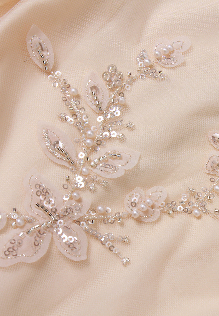 Cape-Detail Appliqué Mesh Dress