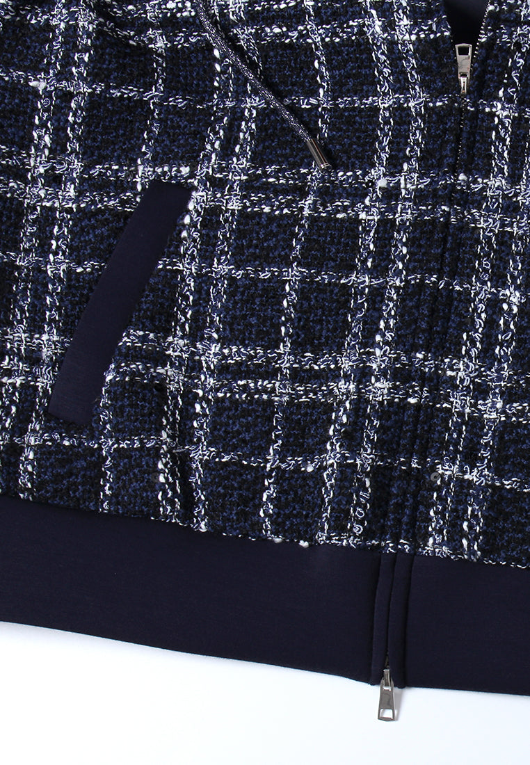 Pearl Embellished Plaid Hooded Jacket